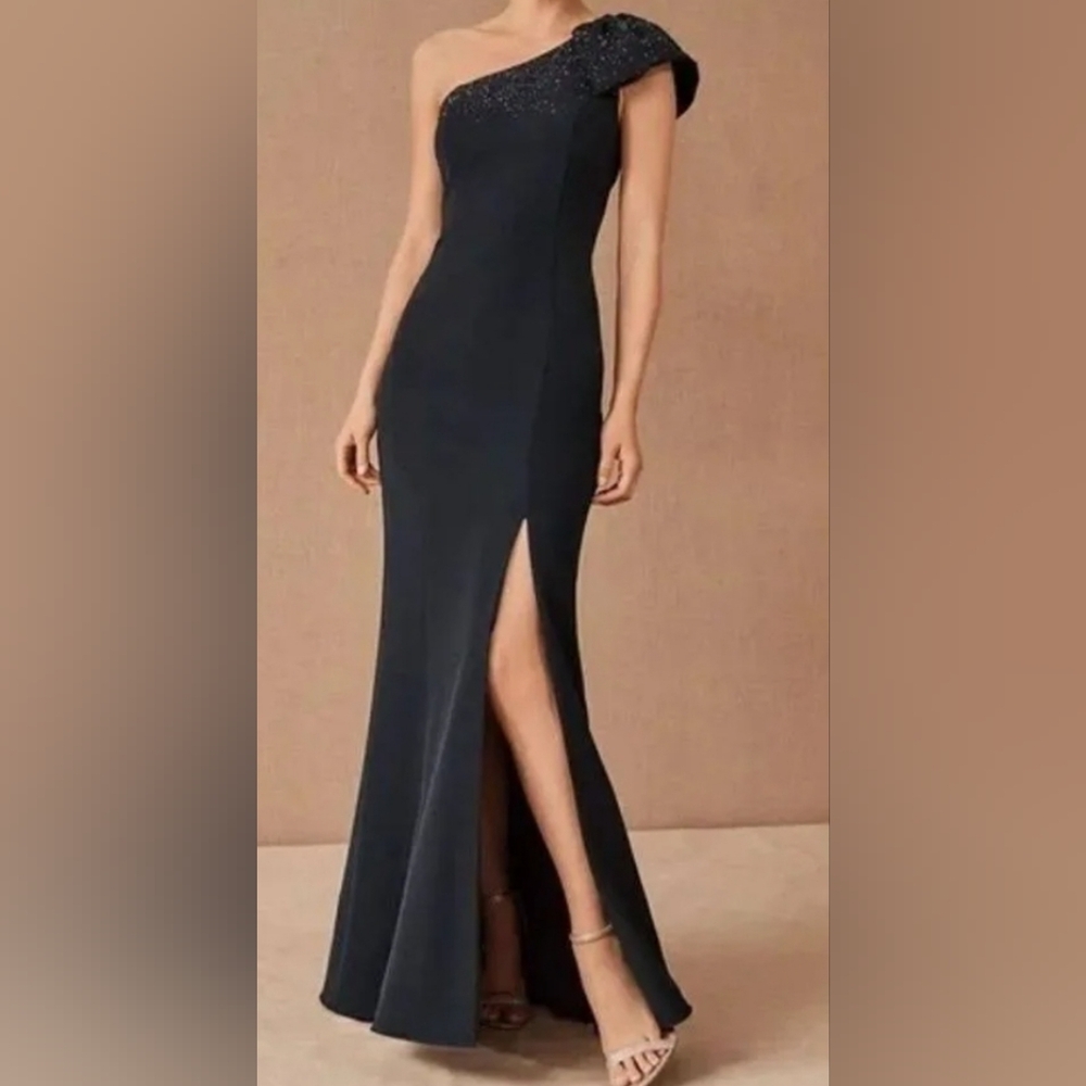 Aidan Mattox One Shoulder Beaded Gown/Navy